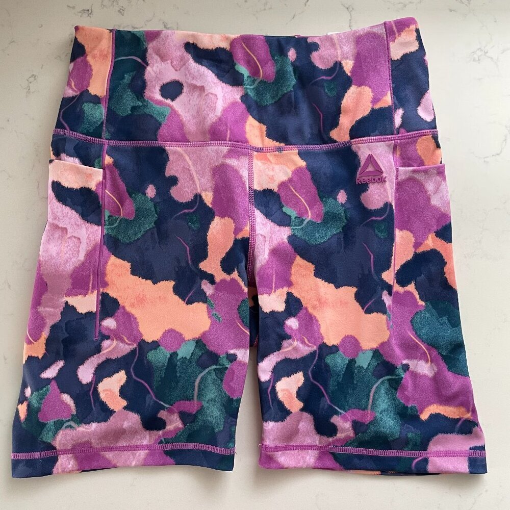 Reebok Fitted Hi Rise Poly Spandex Short Abstract Floral Print Purple Navy Sz S